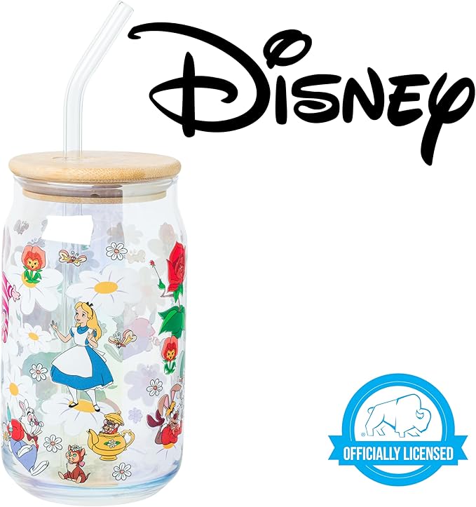 Silver Buffalo Disney Alice in Wonderland Featuring Cheshire Cat, White Rabbit, and Mad Hatter in Wild Flowers Glass Jar Tumbler with Bamboo Lid and Glass Straw, 16 Ounces