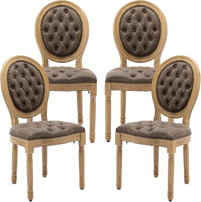 French Country Dining Chairs Set of 4, Vintage Wooden Dining Chairs with PU Leather Upholstered Tufted Seat,Solid Wood Legs&Frame, Farmhouse Kitchen&Living Room Chairs(Brown,4 Pcs)