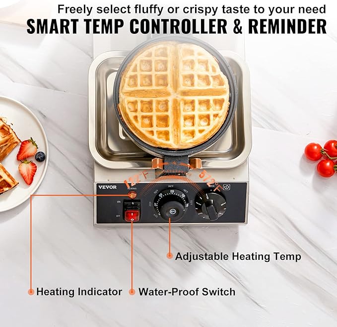 VEVOR Commercial Waffle Maker, 1300W Round Waffle Iron, Non-Stick Rotatable Waffle Baker Machine With 122-572℉ Temp Range and Time Control, Teflon-Coated Baking Pan Stainless Steel Body 120V