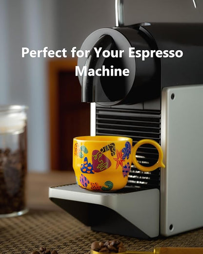 Ceramic Mini Espresso Cups Set of 2 – 3 oz Double Espresso Coffee Cups with Q Handle, Yellolw Floral and fruit Pattern, Small Espresso Shot Cups for Home Coffee Bar,Lungo