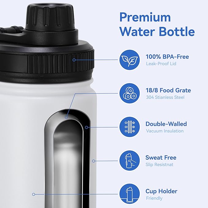 DOMICARE 16 oz Kids Water Bottle for School Stainless Steel Double Wall Vacuum Insulated Water Bottle with Straw lids & Spout Lid, Leakproof BPA Free (White,4)