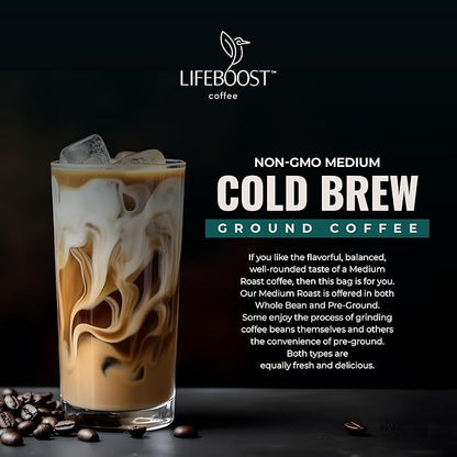 Lifeboost Low Acid Cold Brew Coffee – Organic Coarse Ground Medium Roast for Cold Brew – Single Origin, Non-GMO, 3rd Party Tested for Mycotoxins & Pesticides, USDA Organic – Smooth & Bold Flavor – 12 oz Bag