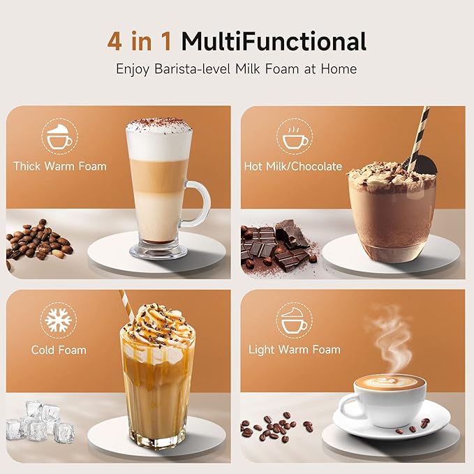 Milk Frother, Milk Steamer for Coffee, 4 in 1 Electric Milk Frother and Steamer, Warm and Cold Foam Maker, Hot Chocolate Maker, Milk Warmer, 12oz/350ml Frother for Latte, Cappuccino, Matcha
