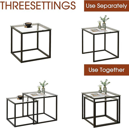 VILAWLENCE Coffee Table Set of 2, Modern Black Wooden Side Table, Metal Frame Square End Table, Center Tables,Nesting Coffee Table for Living Room,Bedroom and Small Spaces