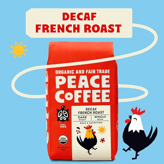 Peace Coffee Decaf French Roast | 20 oz Whole Bean Dark Roast | Organic Fair Trade | Rich, Bold Flavor | Shade Grown, Fresh Roasted