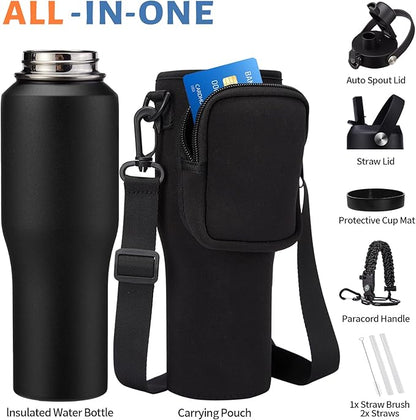 32 oz Insulated Water Bottle - Fits in Car Cup Holder, Cold 48H Hot 24H, Leakproof Stainless Steel Water Bottles with Straw & Pop-up Spout Lid, Paracord Handle, Bottle Holder Bag & Flask Boot