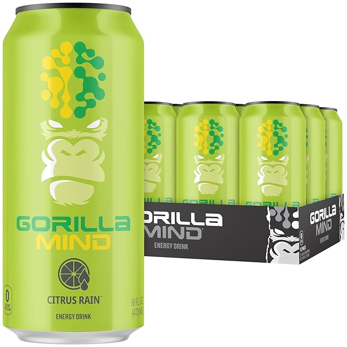 Gorilla Mind Energy Drink | Unmatched Energy · Amplified Focus | N-Acetyl-L-Tyrosine, Alpha-GPC, 200mg Caffeine, Uridine, Saffron | 0 Sugar Or Artificial Colors | 16oz, 12-Pack (Citrus Rain)