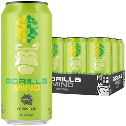 Gorilla Mind Energy Drink | Unmatched Energy · Amplified Focus | N-Acetyl-L-Tyrosine, Alpha-GPC, 200mg Caffeine, Uridine, Saffron | 0 Sugar Or Artificial Colors | 16oz, 12-Pack (Citrus Rain)