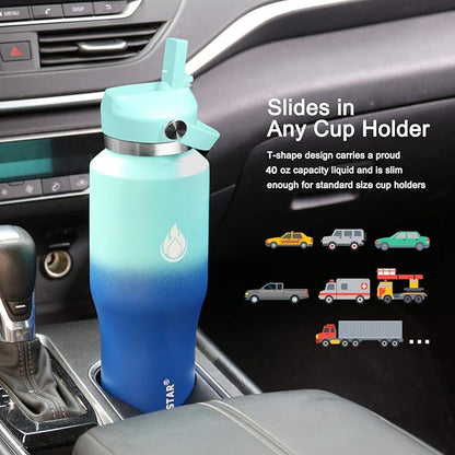 SENDESTAR 40oz Stainless Steel Water Bottle(Cold for 48 Hrs, Hot for 24 Hrs),Double Wall Vacuum Insulated Bottle with Straw Lid, Spout Lid and Flex Cap, Fit in Any Car Cup Holder