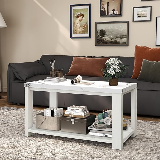 Coffee Table 40" Faux Marble White Oak 2-Tier Rectangle Thickened Modern Wooden Center Table for Living Room, Conference Room, Small Space Home Furniture (Classic White Oak)