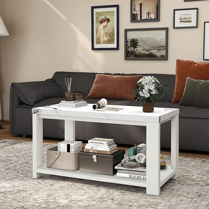 Coffee Table 40" Faux Marble White Oak 2-Tier Rectangle Thickened Modern Wooden Center Table for Living Room, Conference Room, Small Space Home Furniture (Classic White Oak)