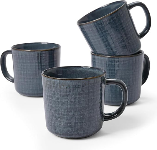 famiware Moonlight Coffee Mug Set of 4, 13oz Mug Set with Linen Finish, Coffee Cup Set with Handle for Latte, Cappuccino, Tea, Hot Cocoa, Microwave and Dishwasher Safe, Dark Blue