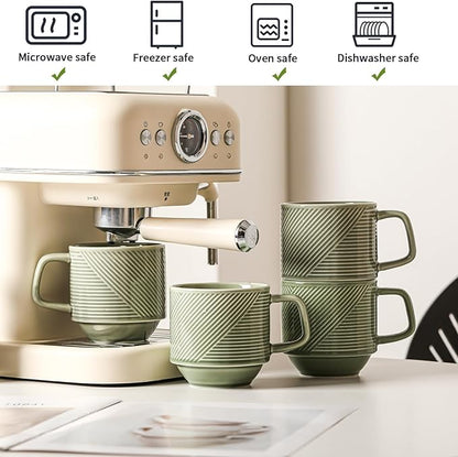 Stackable Coffee Mugs Set: 13 oz Ceramic Stacking Cups for Cappuccino Latte Tea - Microwave Safe Mug for Home & Office - 4 PCS, Pea Green