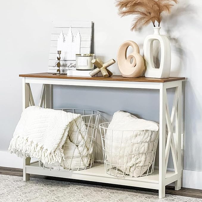 PHI VILLA White Entryway Table, Farmhouse Console Table Narrow Sofa Table Hallway, Ivory Skinny Entry Table