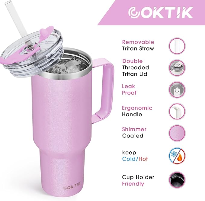 COKTIK 40 oz Tumbler With Handle and Straw Lid, Vacuum Insulated Travel Coffee Mug Stainless Steel Insulated Cup for Beverages, Leak-proof, Cupholder Friendly (Lavender Shimmer)