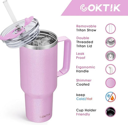 COKTIK 40 oz Tumbler With Handle and Straw Lid, Vacuum Insulated Travel Coffee Mug Stainless Steel Insulated Cup for Beverages, Leak-proof, Cupholder Friendly (Lavender Shimmer)