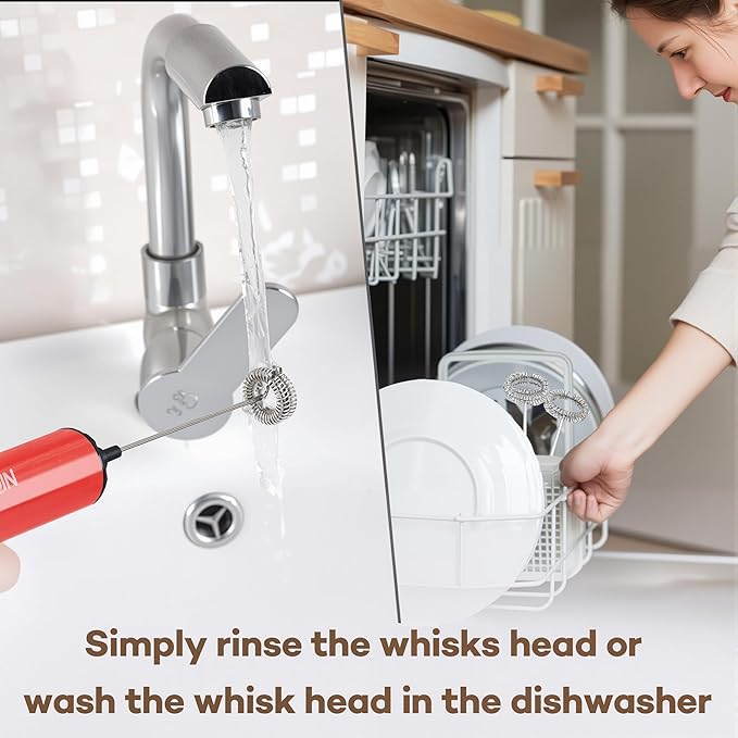 Rechargeable Milk Frother Handheld Electric Frother Wand Milk Foamer Drink Mixer for Coffee, Lattes, Cappuccino, and Egg, Stainless Steel for Travel-Rube Red