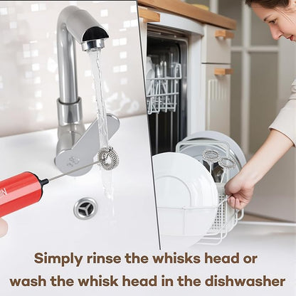 Rechargeable Milk Frother Handheld Electric Frother Wand Milk Foamer Drink Mixer for Coffee, Lattes, Cappuccino, and Egg, Stainless Steel for Travel-Rube Red