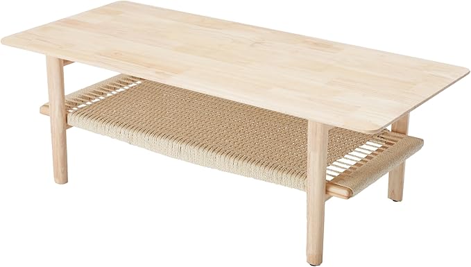 Farmhouse Coffee Table for Living Room 2-Tier Coffee Table with Natural Rattan Storage Shelf Large Rectangular Center Table for Living Room Reception, Natural Color