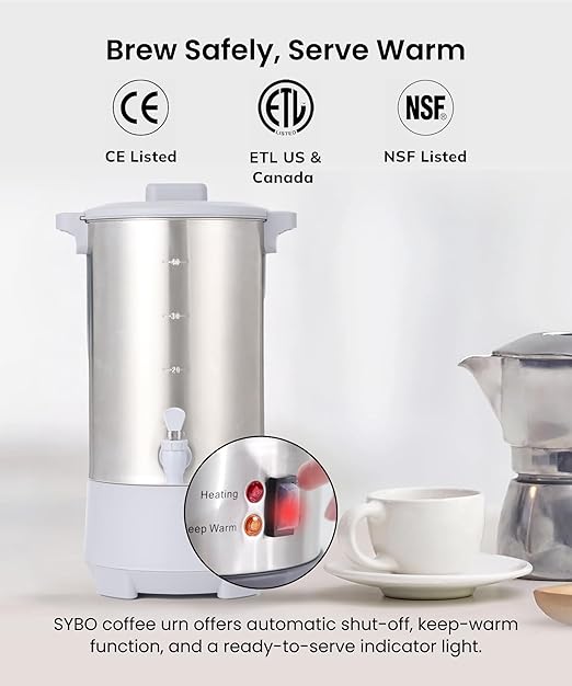 SYBO 45Cup Coffee Urn, Commercial Grade Stainless Steel Percolate Coffee Maker, Removable Filter, Easy to Clean, Hot Water Urn for Catering, Hot Beverage Dispenser with Cool-Touch Handles, 4.5L, Grey