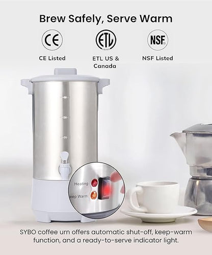 SYBO 45Cup Coffee Urn, Commercial Grade Stainless Steel Percolate Coffee Maker, Removable Filter, Easy to Clean, Hot Water Urn for Catering, Hot Beverage Dispenser with Cool-Touch Handles, 4.5L, Grey