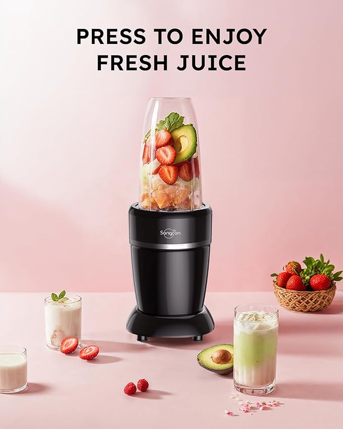 Sangcon 1000W Smoothie Blender for Kitchen, Blenders for Smoothies with (3) Cups (2) Spout Covers (1) Storage Cap (1) To-Go Cap, Portable Blender for Shakes, Ice Crushing, Frozen Drinks, Spices