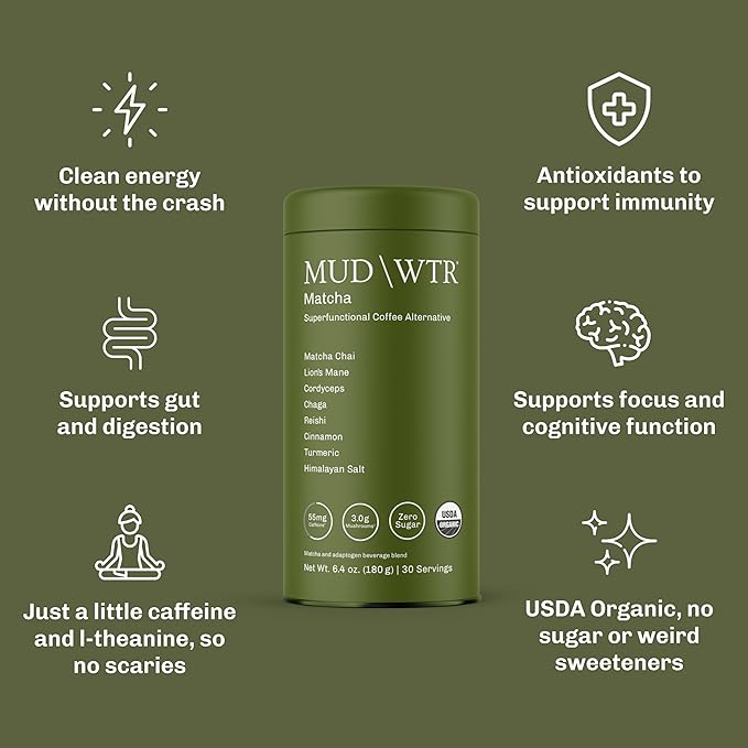 MUDWTR Mushroom Matcha Powder | 3,000mg of Adaptogenic Mushrooms | Japanese Matcha Powder Blend | USDA Organic | Energy, Focus & Immunity Support | Lion's Mane, Chaga, Reishi, Cordyceps | 30 Servings