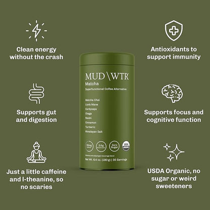 MUDWTR Mushroom Matcha Powder | 3,000mg of Adaptogenic Mushrooms | Japanese Matcha Powder Blend | USDA Organic | Energy, Focus & Immunity Support | Lion's Mane, Chaga, Reishi, Cordyceps | 30 Servings
