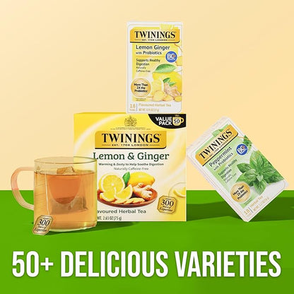 Twinings Superblends Probiotics+ Lemon & Ginger Flavoured Herbal Tea with Turmeric, Naturally Caffeine-Free, 18 Tea Bags (Pack of 6), Enjoy Hot or Iced, 108 Teabags