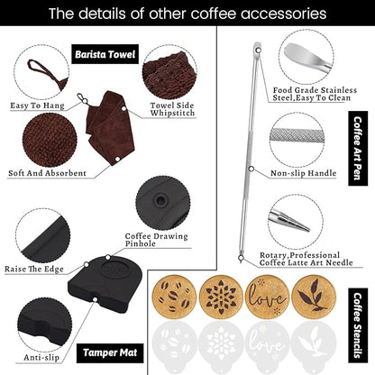 51mm Coffee Tamper Set Barista Kit for Portafilter Machine Wooden Espresso Tamper with Tamper Mat, Frothing Pitcher (350 ml/11.836 oz), Barista Towel, Latte Art Pen and Decorative Stencils