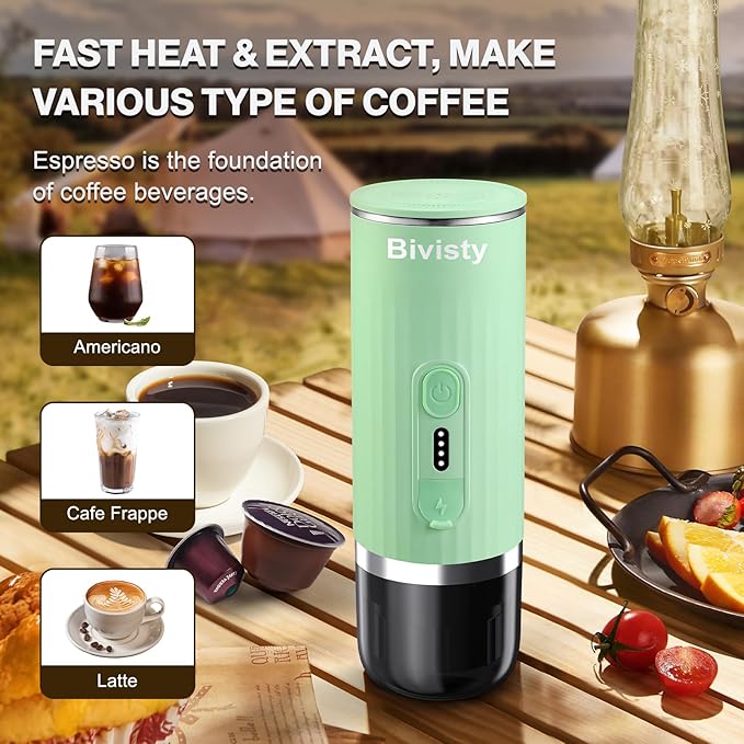Portable Espresso Maker, Wireless Self-heating, Mini Coffee Maker, 80ml Water Tank, Ground Coffee Compatible with Nespresso & Dolce Gusto for Travel, Camping, Hiking, Office (Green)