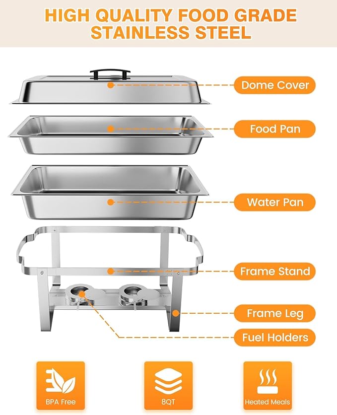 GarveeHome Chafing Dish Buffet Set 4 Pack, 8 QT Food Servers and Warmers Stainless Steel Chafer with Water Pan for Weddings, Parties, Banquets, and Catering