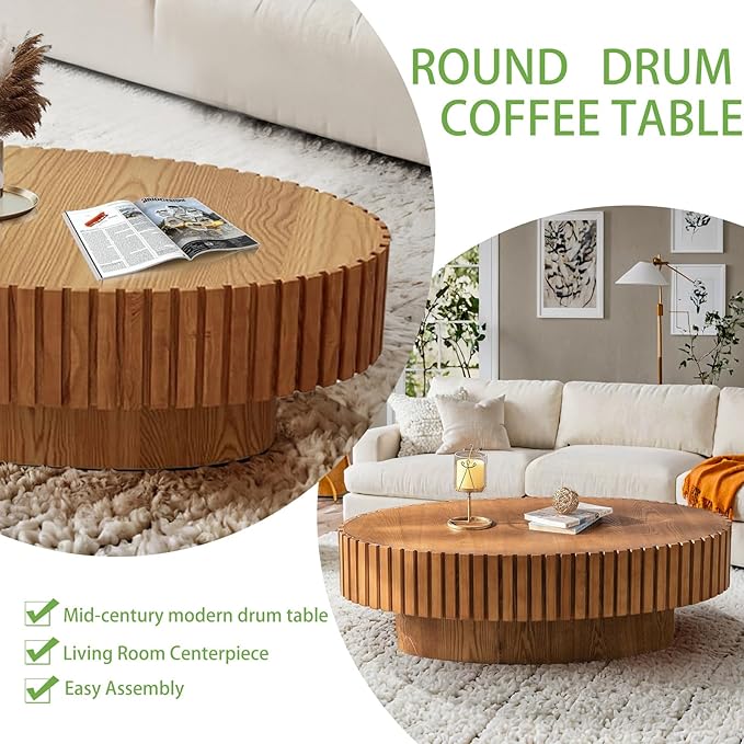 Handmade Oval Grooved Drum-Shaped Coffee Table、Rustic Modern Circular Centerpiece for Living Room & Farmhouse Decor、Easy to Clean (C Wood 43in)
