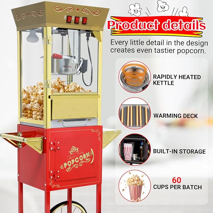 Vintage Popcorn Machine with Cart, 12oz Popper Stainless-Steel Kettle & Warming Light, Makes Up to 60 Cups, Ideal for Family Gatherings, Movie Theaters & Amusement Parks, Red&Gold