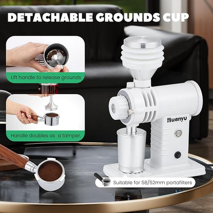 Huanyu Espresso Grinder with Titanium Flat Burr Electric Coffee Grinder with Hopper Bellows 10 Precise Grind Setting Coffee Grinders for Home Use White