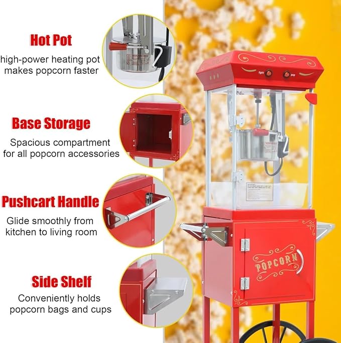 Commercial Popcorn Machine with Cart & 8 Oz Pot, Stainless Steel Vintage Style Popcorn Maker with Wheels, Lockers & Oil Spoon for Home Theater, Parties, Business