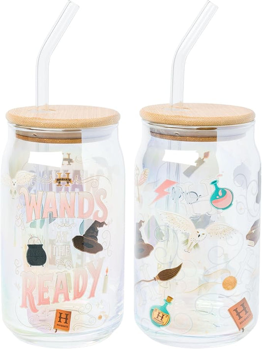 Silver Buffalo Harry Potter Iconic Icons Pattern Wands at the Ready 2 Pack Glass Jar Tumbler with Bamboo Lid and Glass Straw, 16 Ounces