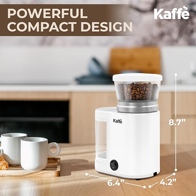 Kaffe Electric Burr Coffee Grinder (5.5oz) w/Adjustable Coarseness Settings - Flat Burr - [New Upgraded Motor ] - Precision Coffee Bean Grinder for Home Use - White