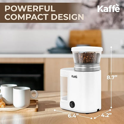 Kaffe Electric Burr Coffee Grinder (5.5oz) w/Adjustable Coarseness Settings - Flat Burr - [New Upgraded Motor ] - Precision Coffee Bean Grinder for Home Use - White