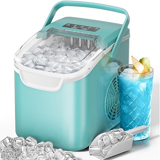 Kismile Ice Makers Countertop with Handle,8 Cubes in 6 Mins,Portable Ice Maker Machine with Self-Cleaning for Home/Office(Green)
