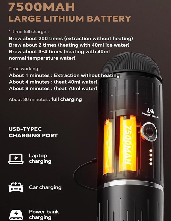 Portable Espresso Coffee Maker Electric Expresso Maker Self Heating Battery Powered, 19 Bar Pressure, Coffee Machine with Ground Coffee & NS Capsule for Travel,Outdoors，Camping,RV,Hiking,Office(Black)