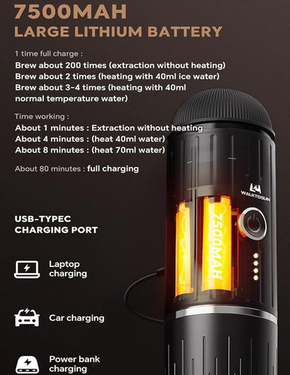 Portable Espresso Coffee Maker Electric Expresso Maker Self Heating Battery Powered, 19 Bar Pressure, Coffee Machine with Ground Coffee & NS Capsule for Travel,Outdoors，Camping,RV,Hiking,Office(Black)