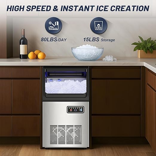 100LBS/24H High Output - Commercial Ice Maker with 20LBS Storage Bin - Dual Water Inlets, 36 Ice Cubes/Cycle, 15" Compact Undercounter/Freestanding Design - Self-Cleaning for Home Bars, Outdoor