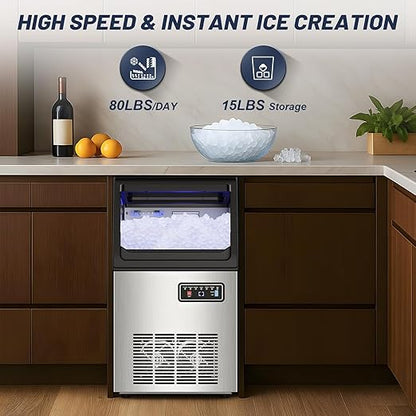 100LBS/24H High Output - Commercial Ice Maker with 20LBS Storage Bin - Dual Water Inlets, 36 Ice Cubes/Cycle, 15" Compact Undercounter/Freestanding Design - Self-Cleaning for Home Bars, Outdoor