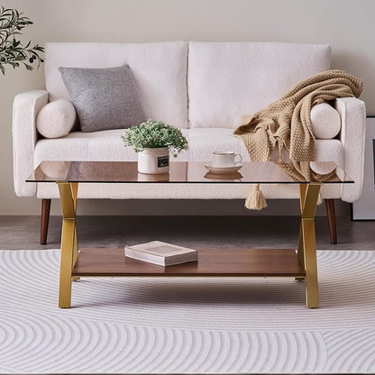 Coffee Table for Living Room and Bedroom, 2-Tier Mid-Century Modern Table with Amber Tempered Glass Top and Walnut Finish Wood Shelf, Strong Metal Legs with Gold Finish