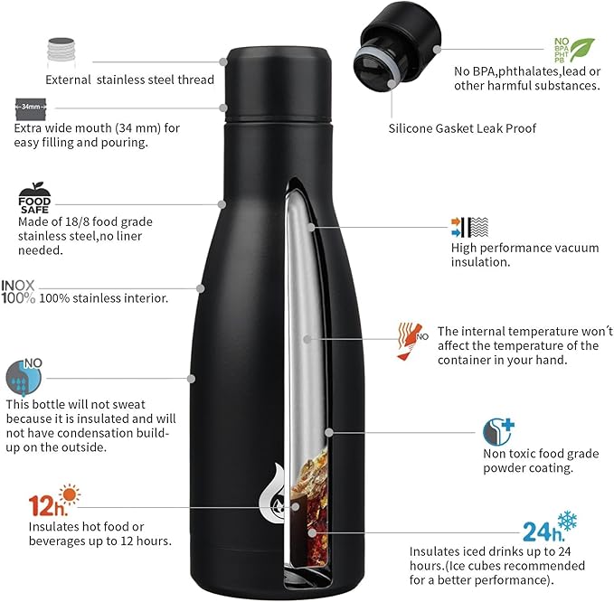 BJPKPK Insulated Water Bottle 12oz Small Stainless Steel Water Bottles Reusable Metal Thermal Keep Cold and Hot,Midnight Black