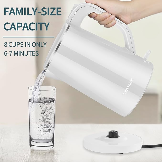 1.7L Electric Kettle Quiet, Double Wall Hot Water Boiler BPA-Free, Quiet Boil and Cool Touch Tea Kettle, Cordless with Auto Shut-Off & Boil Dry Protection, 1500W Fast Boiling, White