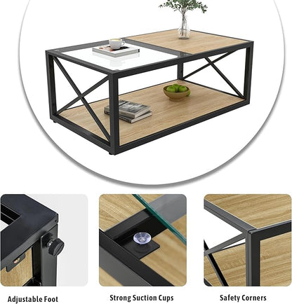 39" Glass Coffee Table Mordern Living Room Table with Black Metal Frame, Rectangle Tempered Glass Top & Rustic Wood MDF Storage Shelves, Industrial Style Natural