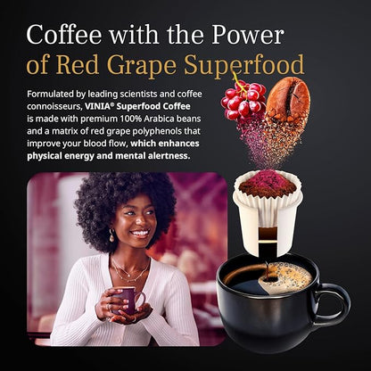 VINIA Blood Flow Energy Coffee Pods - Medium Roast Infused with Red Grape Piceid Resveratrol for Physical Energy & Mental Alertness, Compatible with K Cups Superfood Coffee, Full-Bodied, 30 Ct
