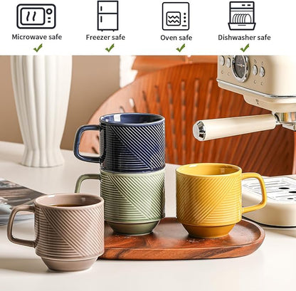 Stackable Coffee Mugs Set: 13 oz Ceramic Stacking Cups for Cappuccino Latte Tea - Microwave Safe Mug for Home & Office - 4 PCS, 4 Color Assorted